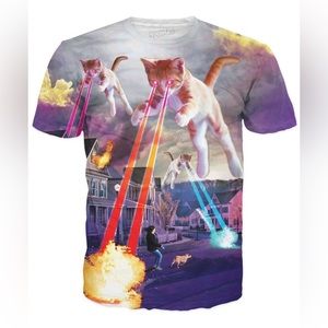 Colorful Funny Laser Destruction Flying Kitty Cat Kitten Evil Invasion T-Shirt